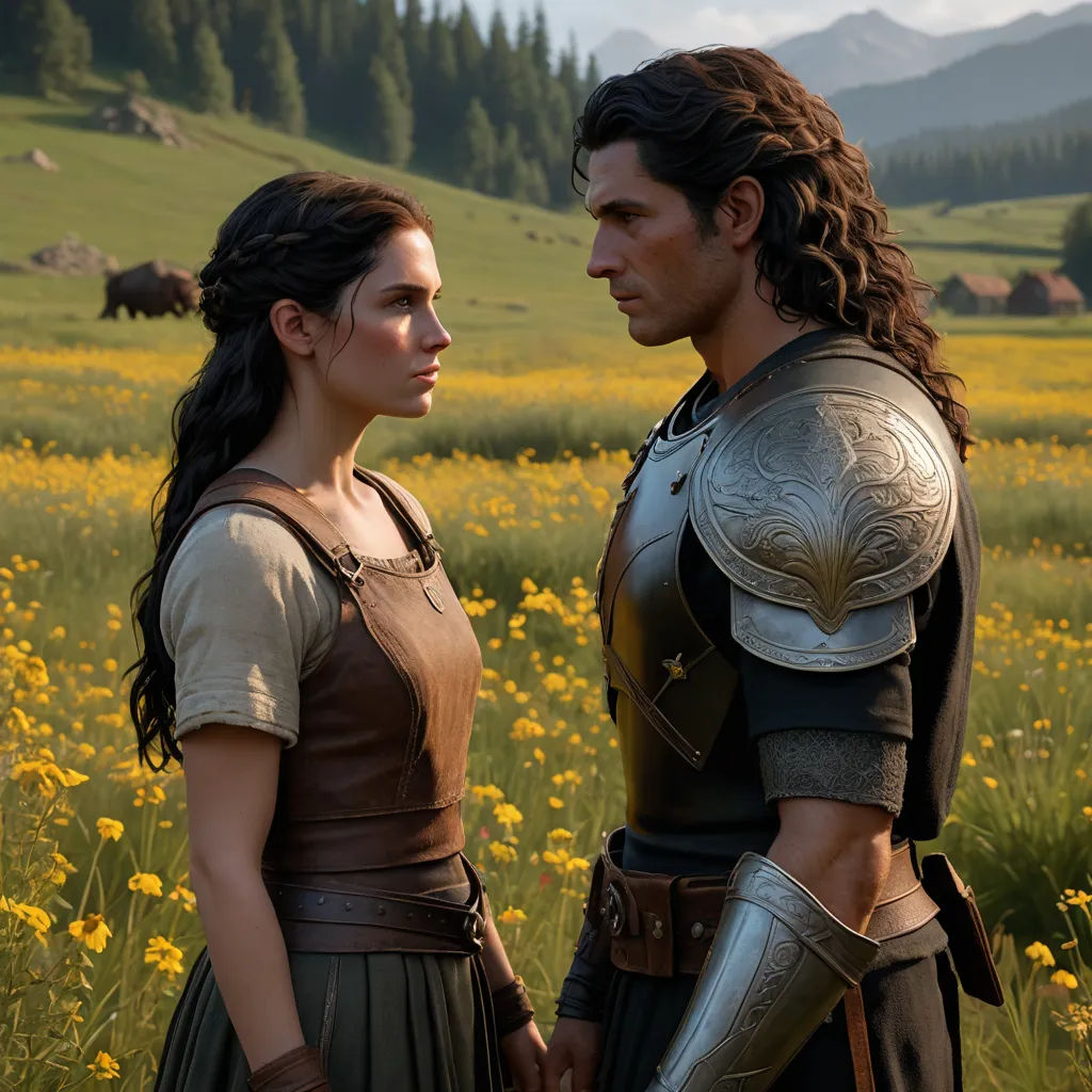 a man and a woman standing in a field of flowers with a horse in the background and a mountain in the distance, romanticism, a renaissance painting, Bálint Kiss, unreal engine highly rendered