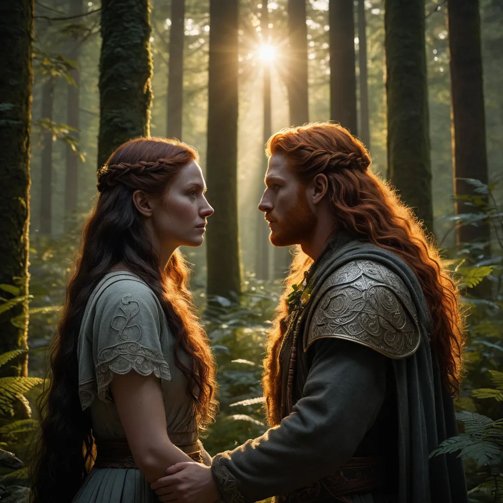 a man and a woman standing in a forest with trees and sunlight shining through the trees behind them,, neo-romanticism, a poster, Brian and Wendy Froud, elden ring