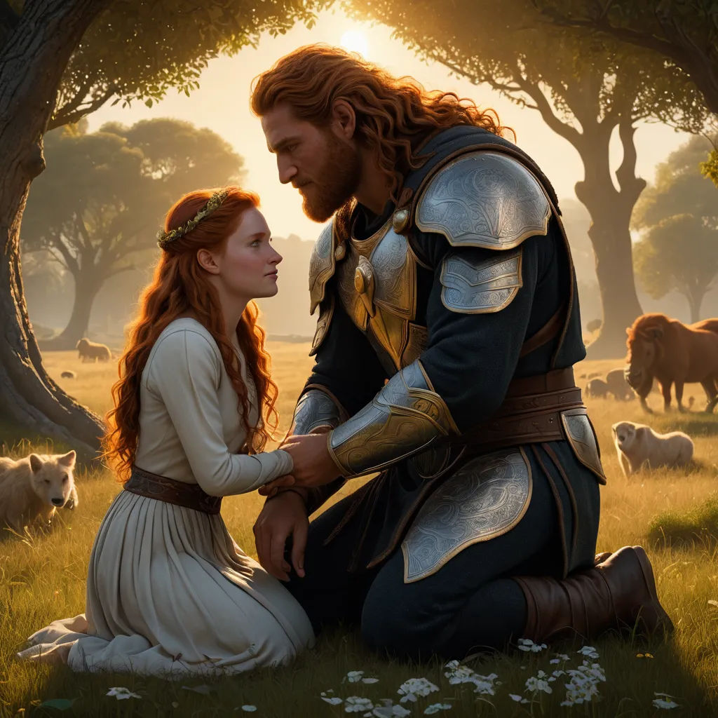 a man and a woman sitting in a field with cows in the background and trees in the background,, fantasy art, a storybook illustration, Clint Cearley, elden ring