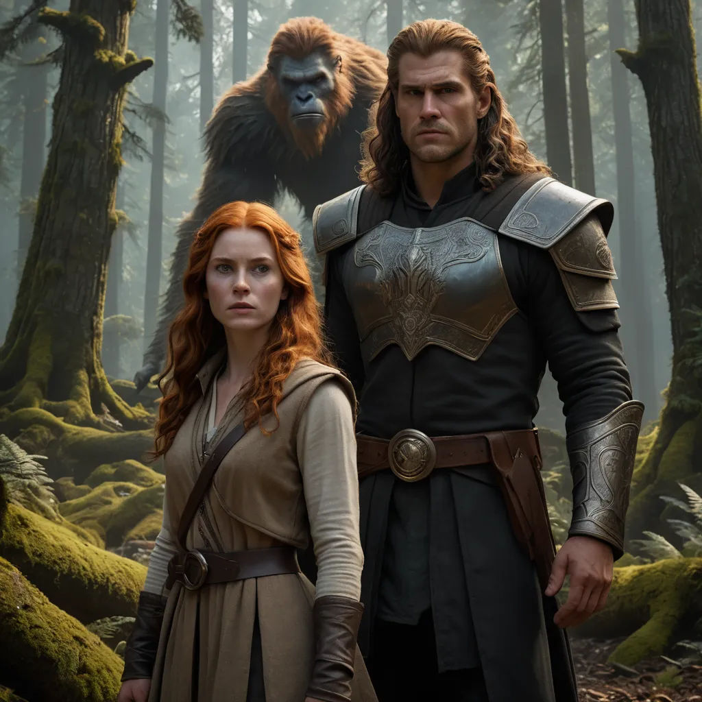 a man and a woman standing in the woods with a gorilla in the background and a man in costume, international gothic, a poster, Alex Petruk APe, weta digital
