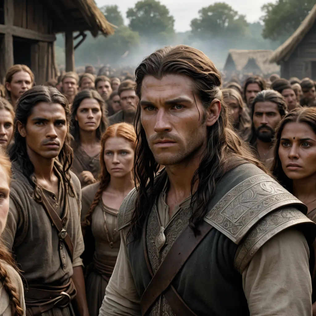 a group of people standing in front of a crowd of people in a village with a man in a brown outfit, antipodeans, a renaissance painting, Cedric Seaut (Keos Masons), promotional image