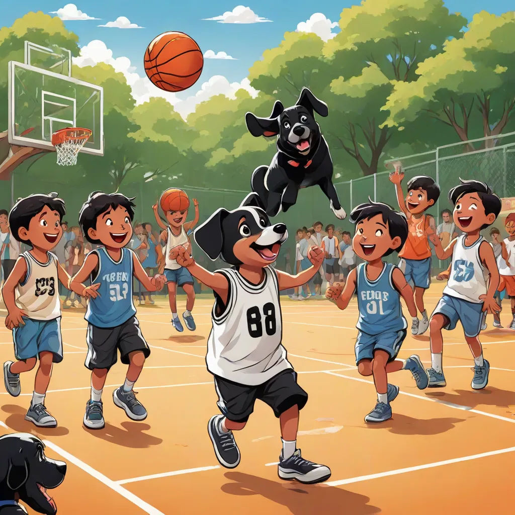 a dog jumping up to grab a basketball in the air with his paws while a group of children watch, a storybook illustration, Charles Schulz, lyco art, comic cover art