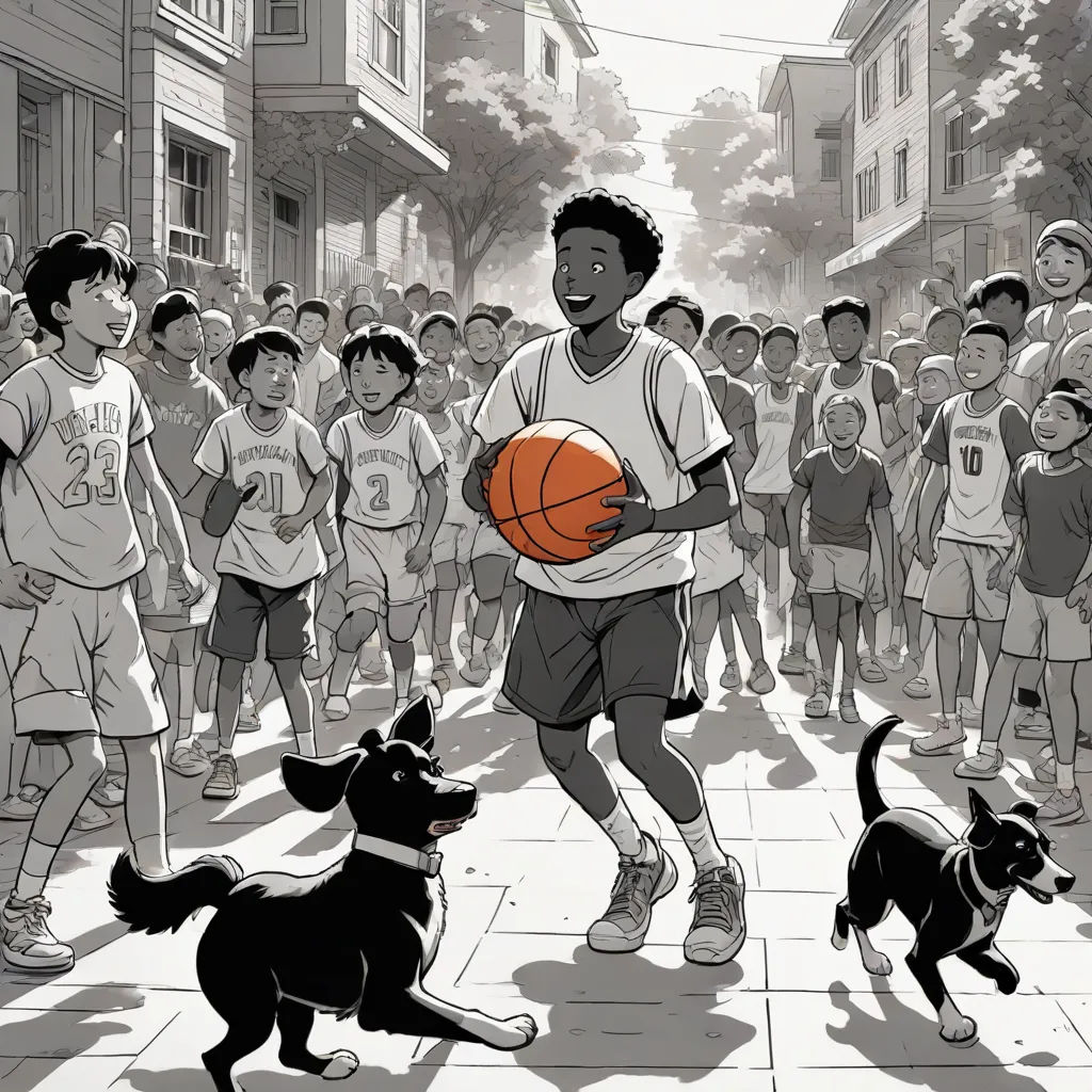 a boy is playing with a basketball while a dog watches him on the street while a crowd of children watch, a storybook illustration, Asaf Hanuka, harlem renaissance, graphic novel