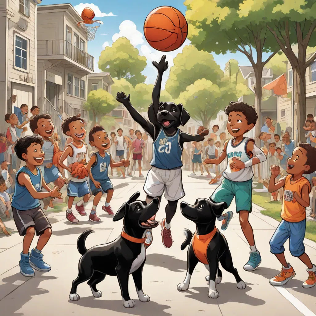 a cartoon of a boy playing basketball with his dogs and children in the street with a basketball ball in the air, a storybook illustration, Allan Brooks, harlem renaissance, comic cover art