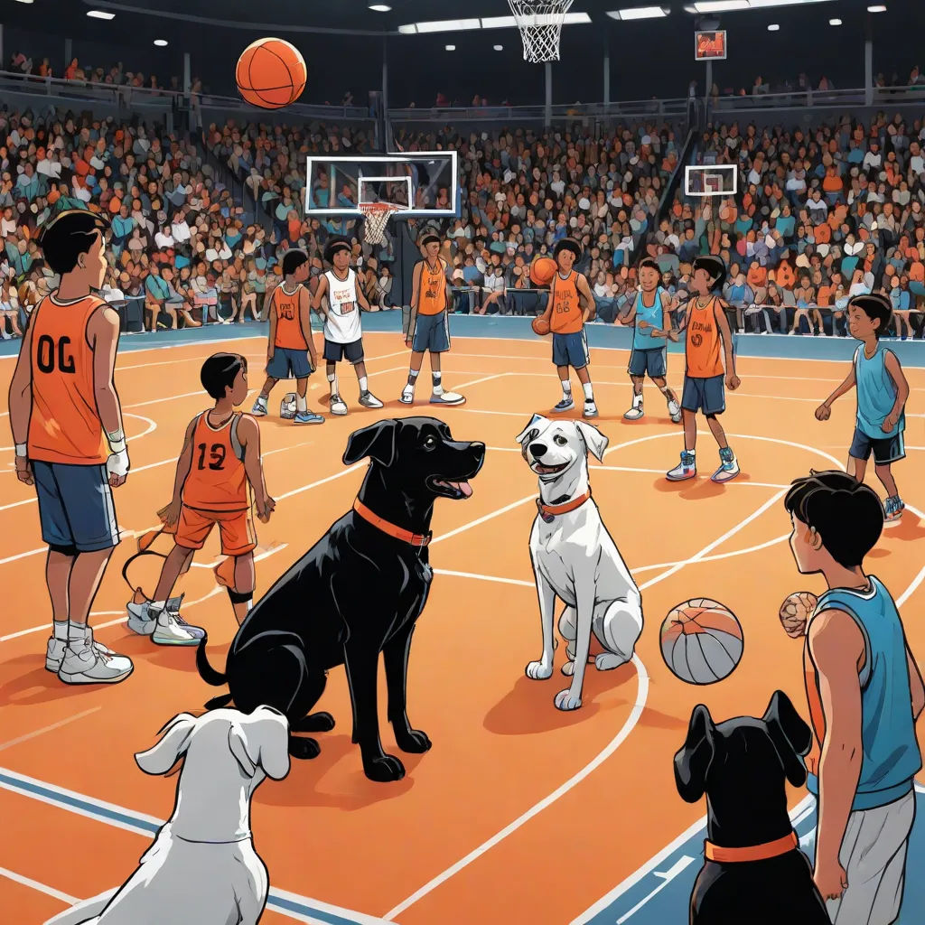 a group of dogs and children playing basketball in a court with a crowd of people watching them from the stands, a storybook illustration, Asaf Hanuka, process art, comic cover art