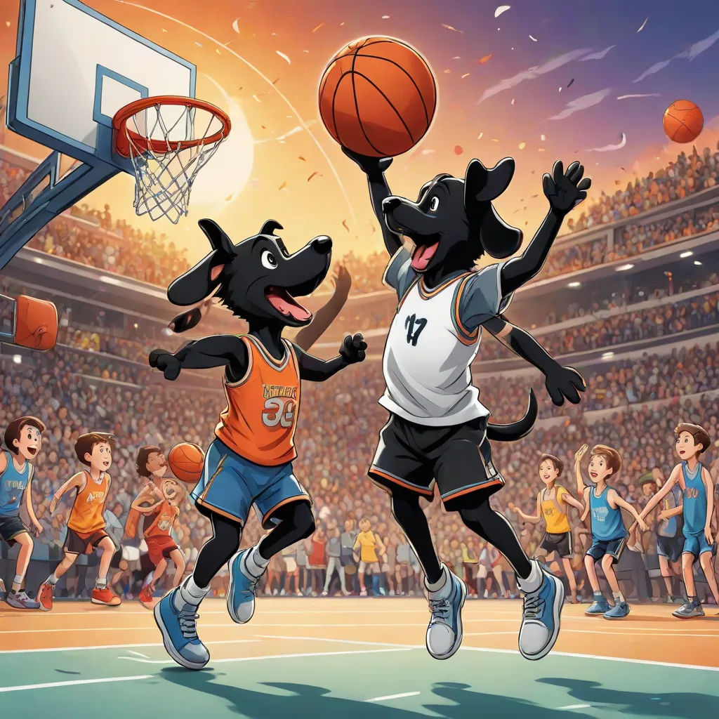 two dogs playing basketball in a crowded arena with a crowd watching them from the stands and a basketball hoop, a storybook illustration, Anson Maddocks, furry art, furaffinity