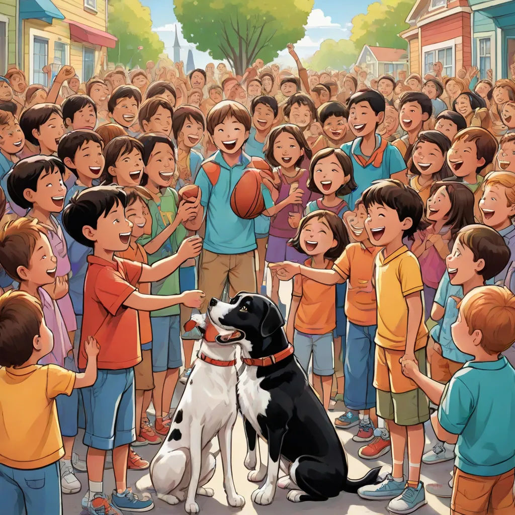 a dog is sitting in front of a crowd of children and a basketball ball in the air with his mouth open, a storybook illustration, Charles Schulz, american scene painting, storybook illustration