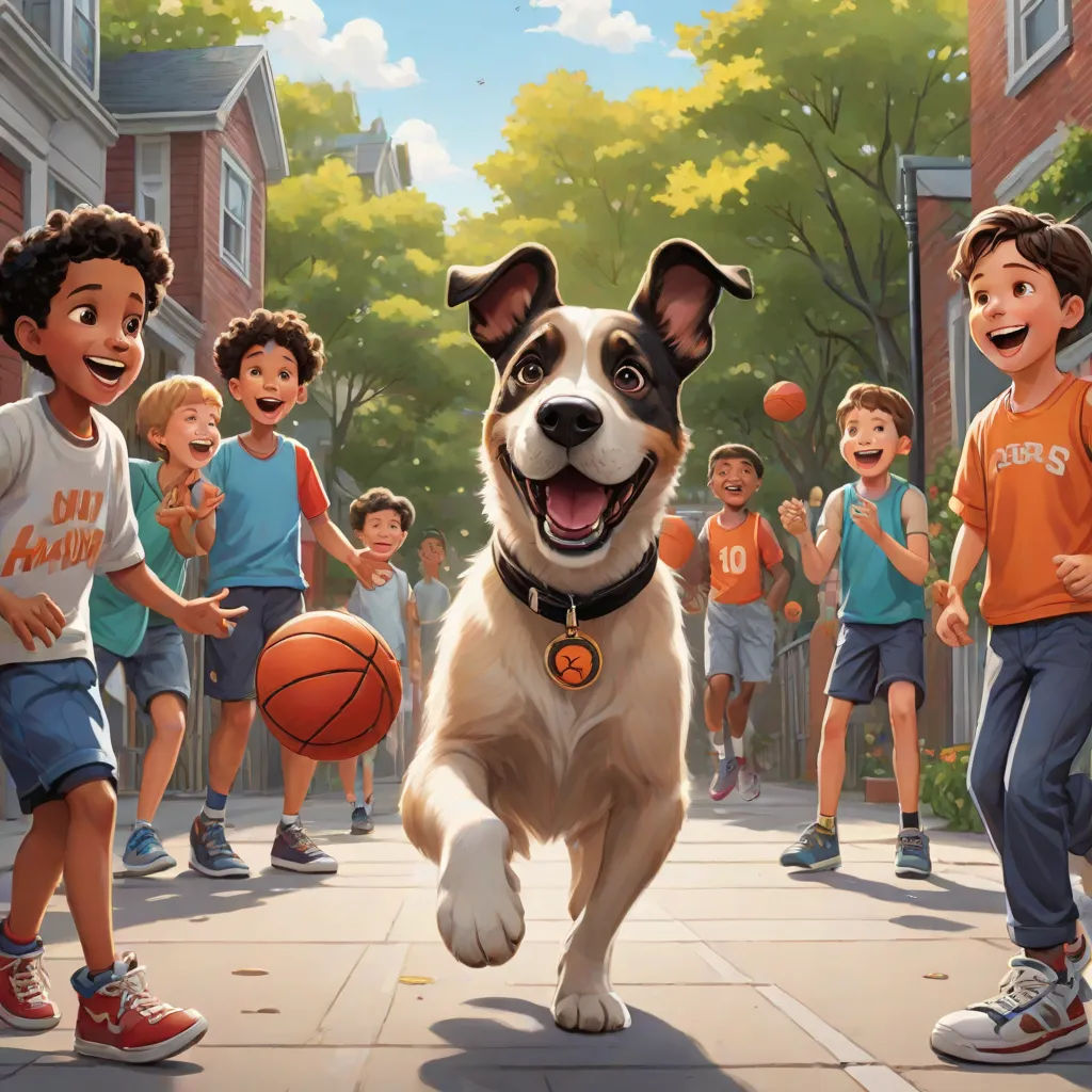 a dog running with a basketball in front of a group of children on a street with a ball in its mouth, a storybook illustration, Allan Brooks, american scene painting, official art