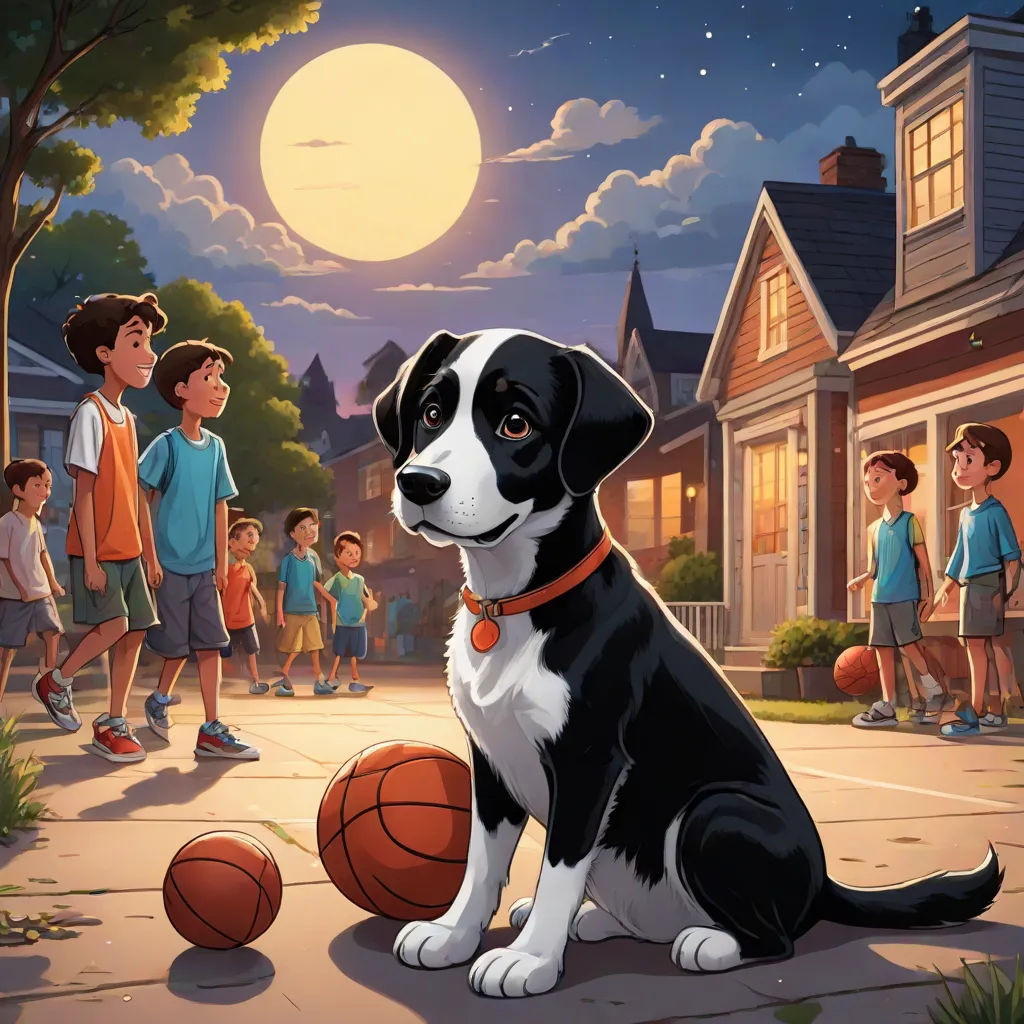 a dog sitting on the ground next to a basketball ball and a group of children standing around him on a street, a storybook illustration, Allan Brooks, american scene painting, storybook illustration