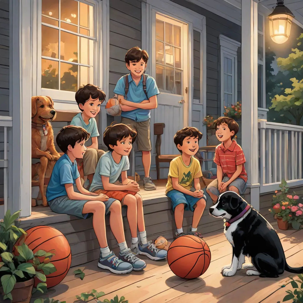 a group of kids sitting on a porch with a dog and basketballs on the porch and a dog sitting on the porch, a storybook illustration, Brothers Hildebrandt, american scene painting, storybook illustration