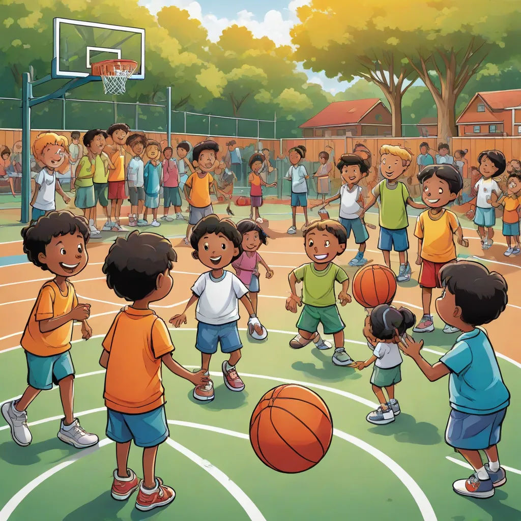 a group of children playing basketball on a court with a crowd watching them from the sidelines of a basketball court, a storybook illustration, Chris LaBrooy, danube school, detailed illustration