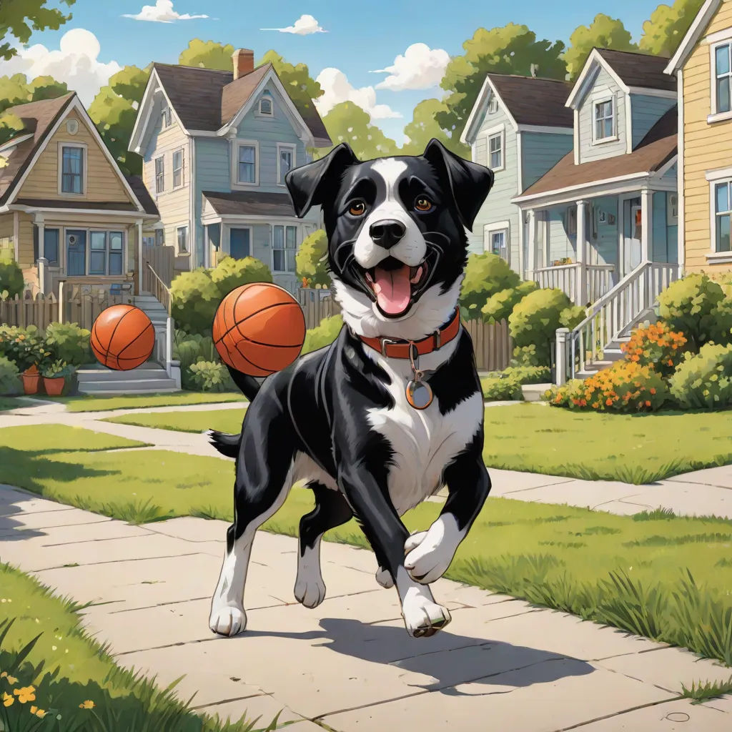 a dog is running with a basketball in its mouth on a sidewalk in front of a neighborhood with houses, a storybook illustration, Chris LaBrooy, american scene painting, official art