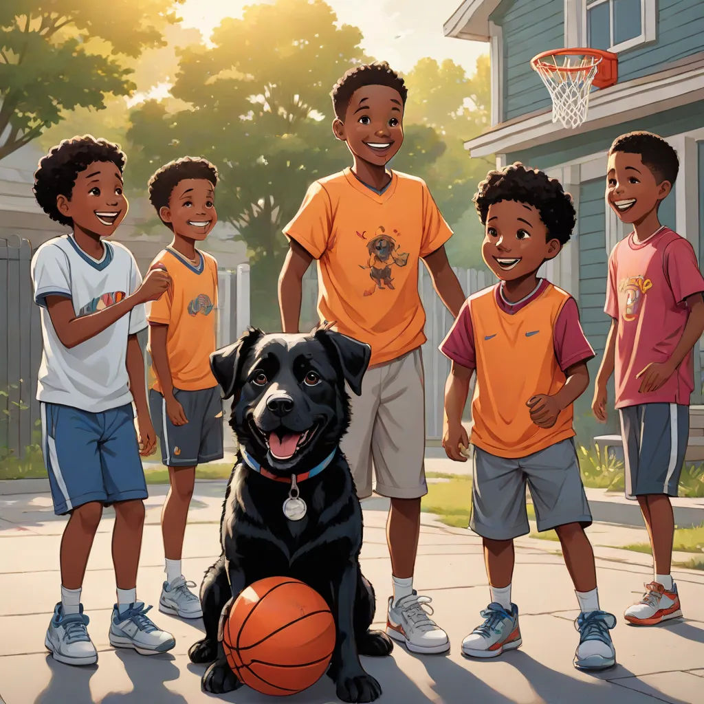 a group of children and a dog standing in front of a basketball hoop with a dog on the ground, a storybook illustration, Allan Brooks, american scene painting, official art