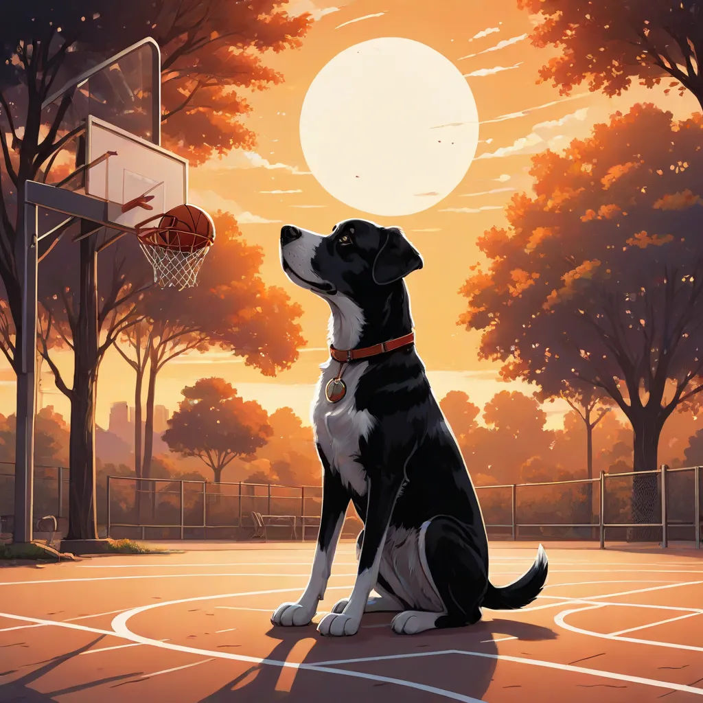 a dog sitting on a basketball court with a basket in the air and a basketball flying through the air, a storybook illustration, Chris LaBrooy, american scene painting, highly detailed digital painting