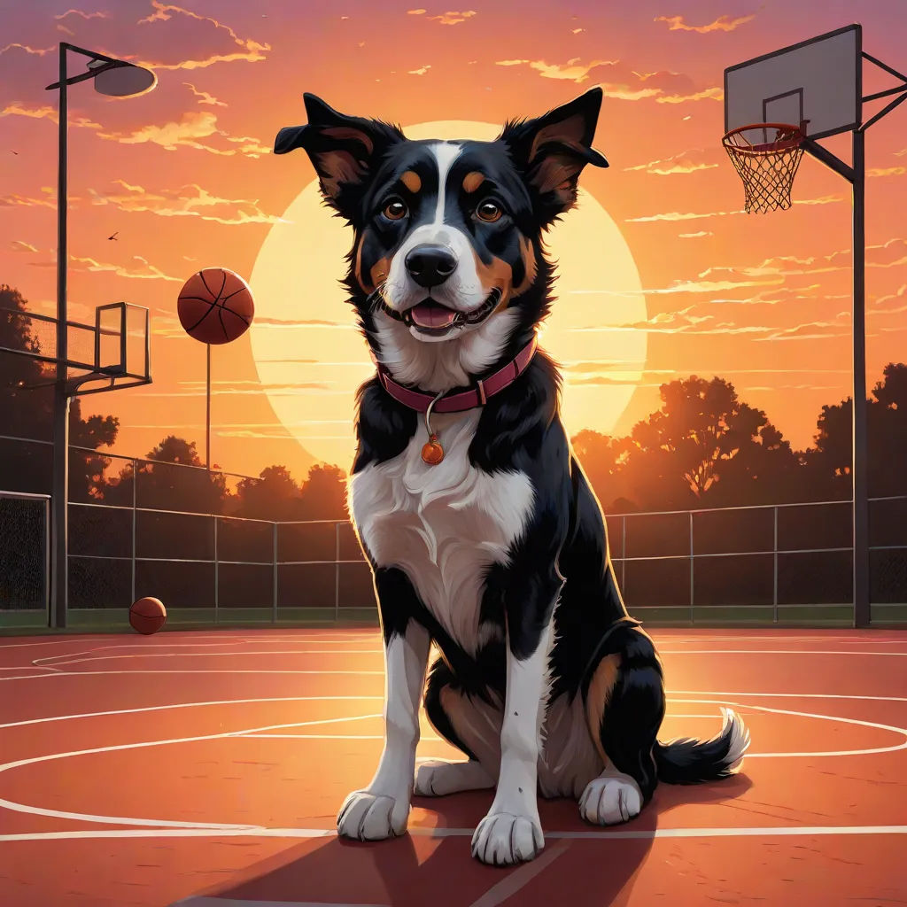 a dog sitting on a basketball court with a sunset in the background and a basketball hoop in the foreground, concept art, Chris LaBrooy, sots art, highly detailed digital painting