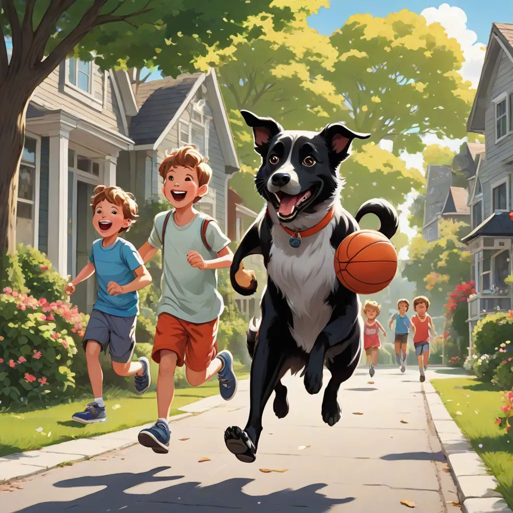 a dog running down a street with a basketball in its mouth and two children running behind him and a boy running behind him, a storybook illustration, Allan Brooks, american scene painting, official art