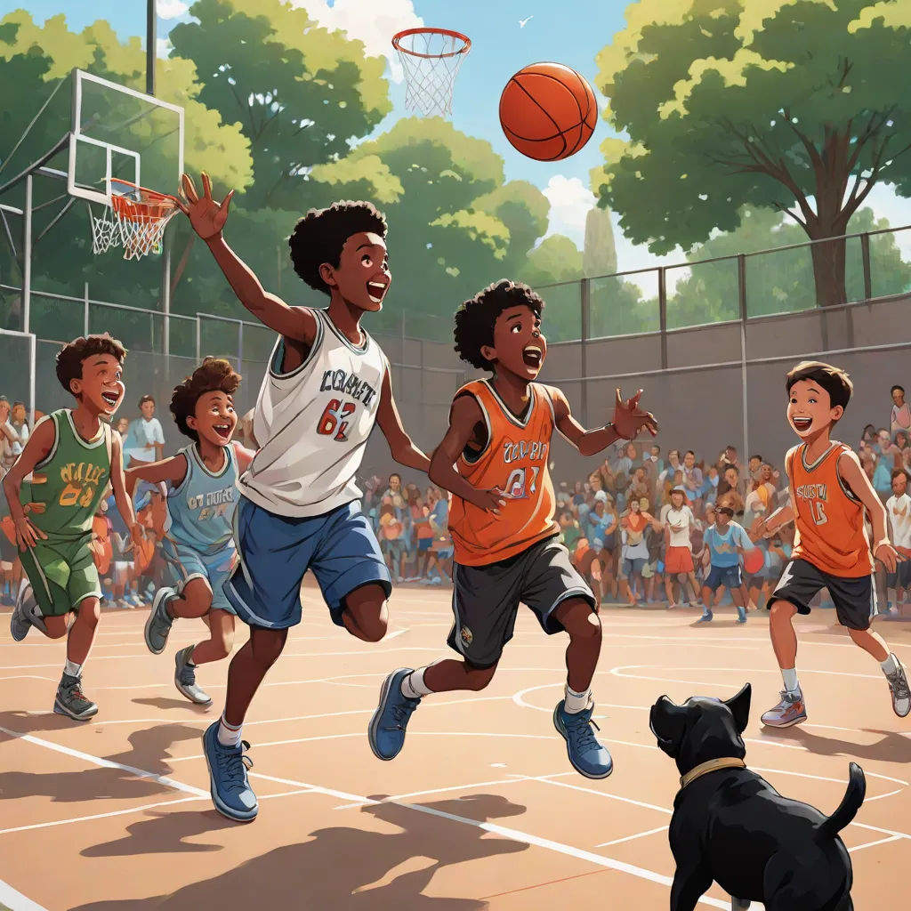 a painting of a group of young men playing basketball on a court with a dog watching them play a game, a storybook illustration, Allan Brooks, american scene painting, comic cover art