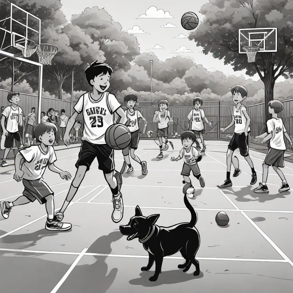 a black and white drawing of a boy playing basketball with a cat and a group of other children on a court, a storybook illustration, Asaf Hanuka, process art, official art