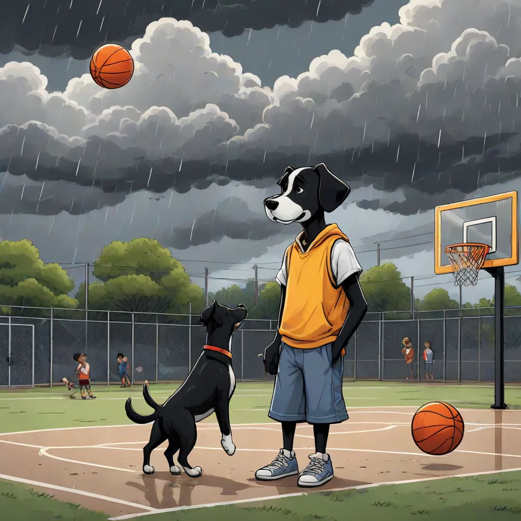 a dog and a man playing basketball in a park in the rain with a basketball hoop in the background, a hyperrealistic painting, Chris LaBrooy, american realism, splash art