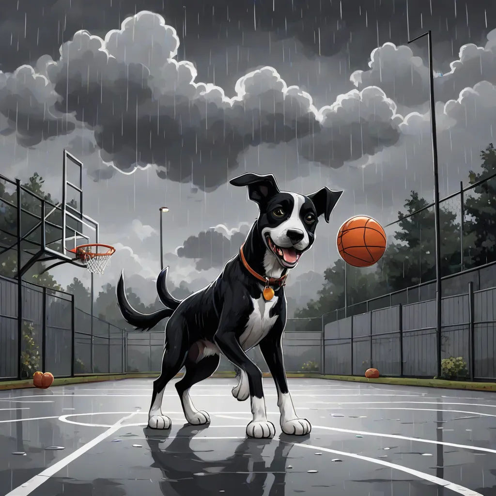 a dog is playing basketball on a rainy day with a ball in its mouth and a basket in the air, a photorealistic painting, Allan Brooks, photorealism, highly detailed digital painting