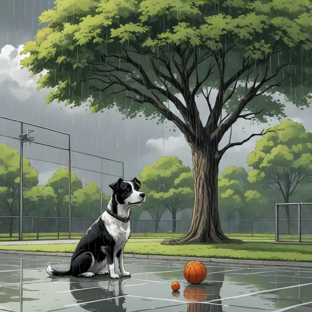 a dog sitting on a court with a basketball in the rain next to a tree and a basketball ball, concept art, Chris LaBrooy, photorealism, splash art