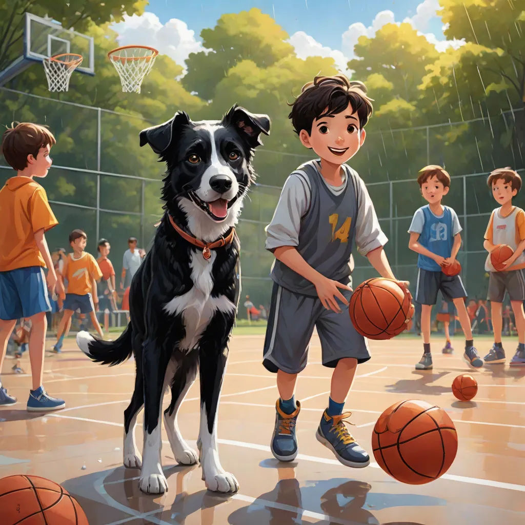 a painting of a boy and a dog playing basketball with other children in the background, while a dog stands on a basketball court, a storybook illustration, Allan Brooks, american scene painting, official art