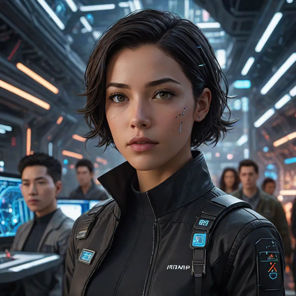 a woman in a black jacket standing in front of a group of people in a sci - fi setting, Cedric Peyravernay, photorealism, computer graphics, cgstudio