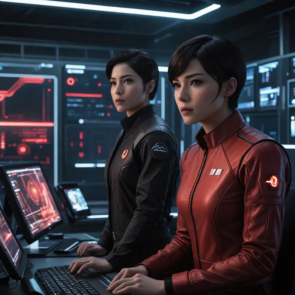 two people in a sci - fi setting using computers in a sci - fi setting with red lights on the screens, Eve Ryder, computer art, computer graphics, promotional image