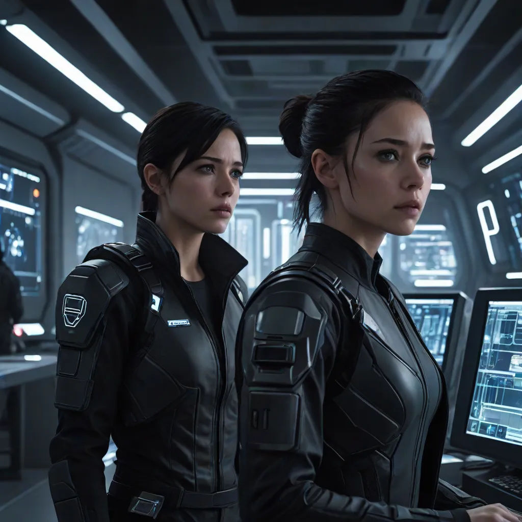 two women in black outfits standing in front of computers in a sci - fi setting with other people in the background, Eve Ryder, antipodeans, computer graphics, promotional image