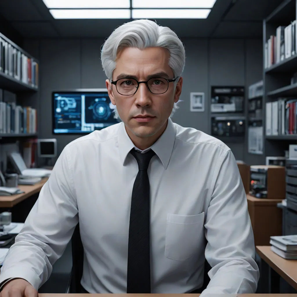 a man in a white shirt and tie sitting at a desk in a library with a computer monitor and bookshelves, David Brewster, arbeitsrat für kunst, a character portrait, promotional image
