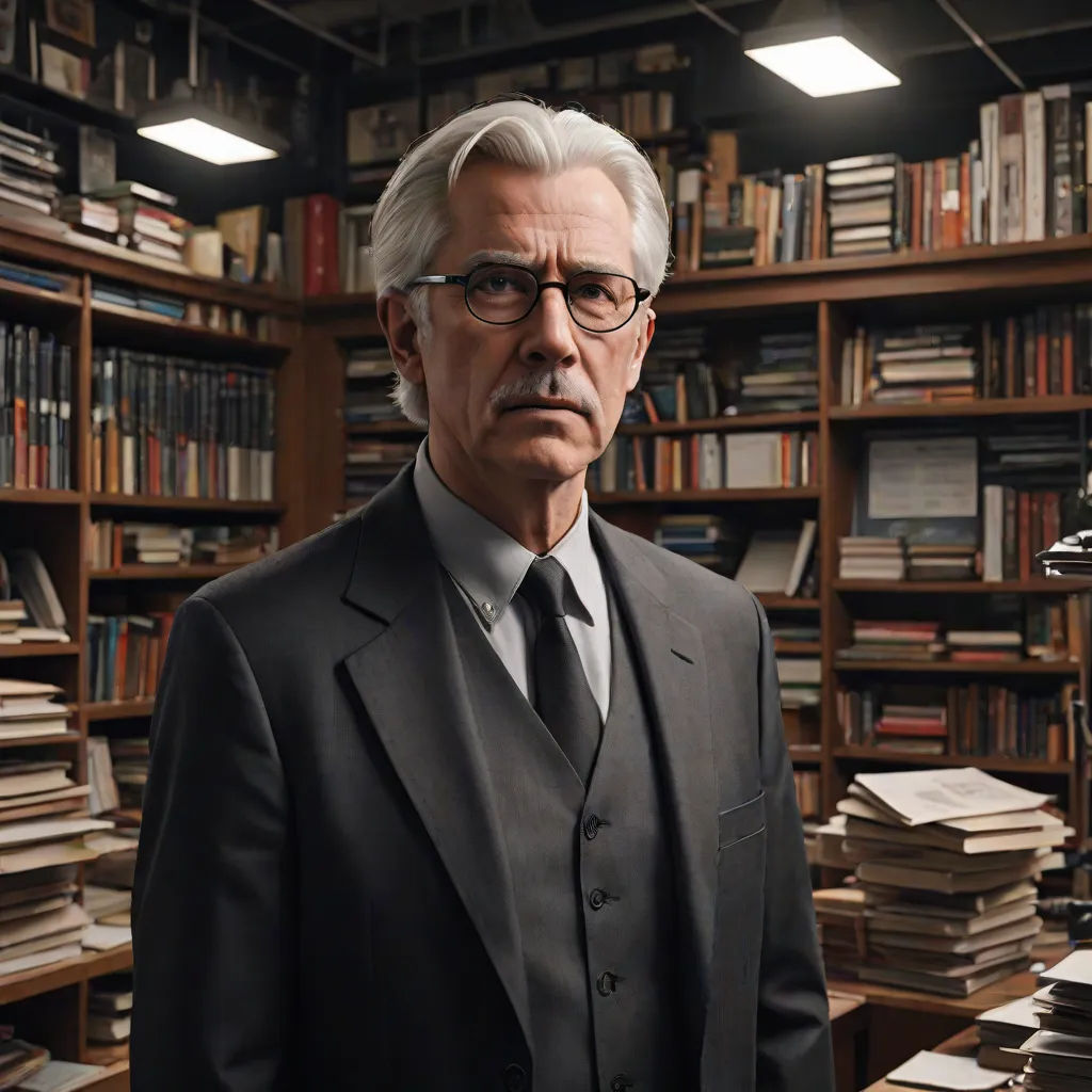 a man in a suit and tie standing in front of a book shelf filled with books and a microphone, David Brewster, private press, a character portrait, criterion collection