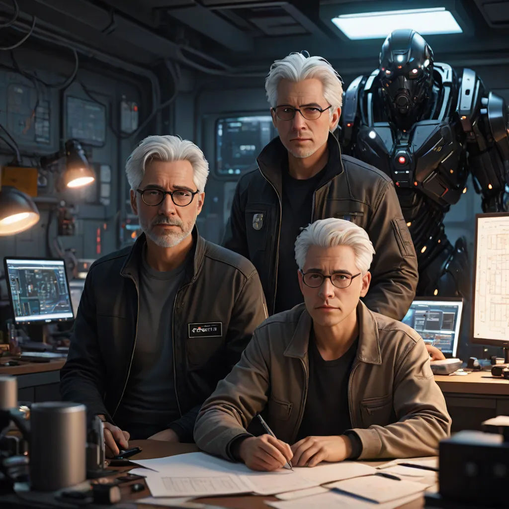 three men in a sci - fi setting with a robot in the background and a computer screen in the foreground, Dean Roger, rayonism, computer graphics, vfx