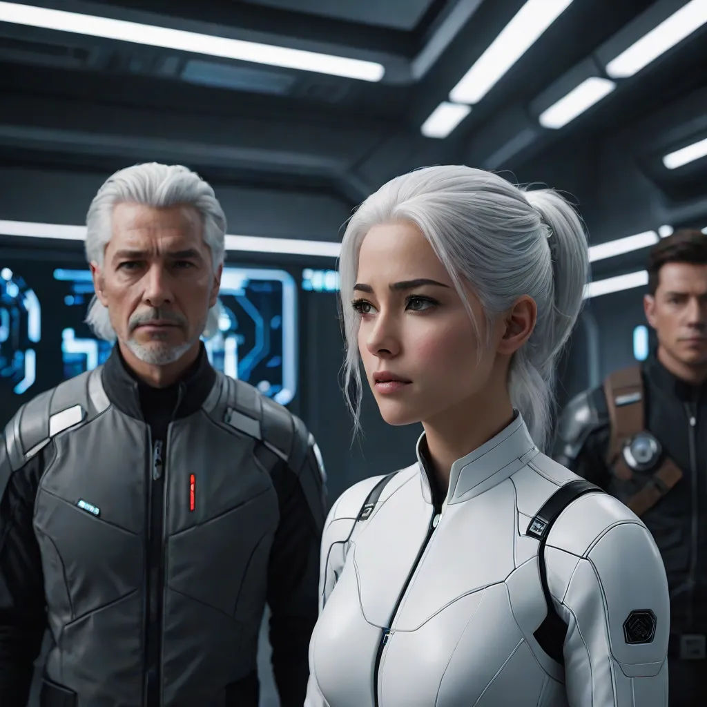 a man and a woman in a sci - fi fi fi space station with other people in the background, Cedric Peyravernay, retrofuturism, a renaissance painting, promotional image