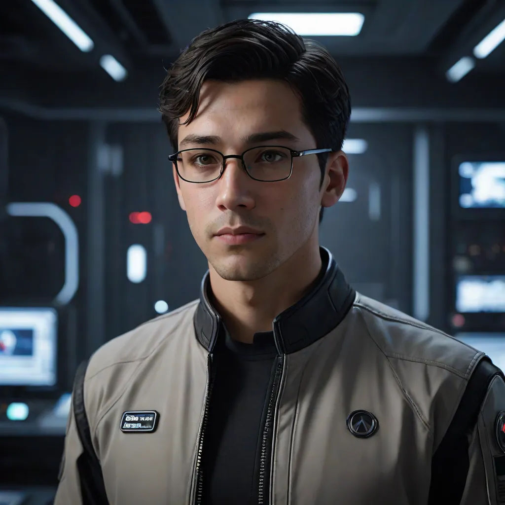 a man in a star wars uniform standing in a room with lights on the ceiling and a star trek logo on the jacket, David Park, photorealism, a character portrait, promotional image