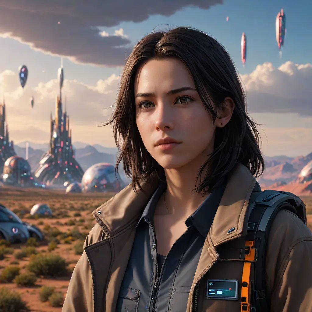 a woman in a brown jacket standing in a desert area with a futuristic city in the background and a distant sky, Chris Moore, space art, concept art, unreal 5