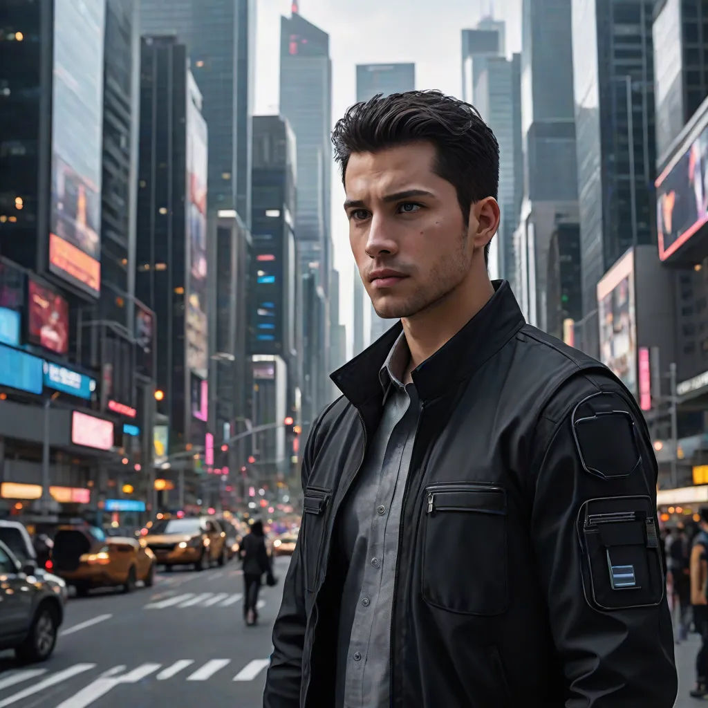 a man standing in the middle of a busy city street with a lot of tall buildings in the background, Alexander Kucharsky, photorealism, a character portrait, promotional image