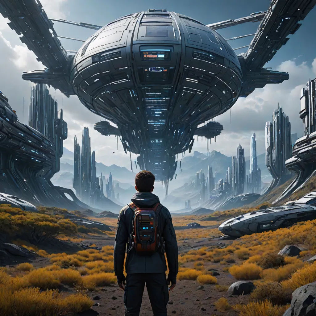 a man standing in a field with a backpack looking at a futuristic city in the distance with a giant alien ship in the background, Filip Hodas, space art, concept art, sci fi