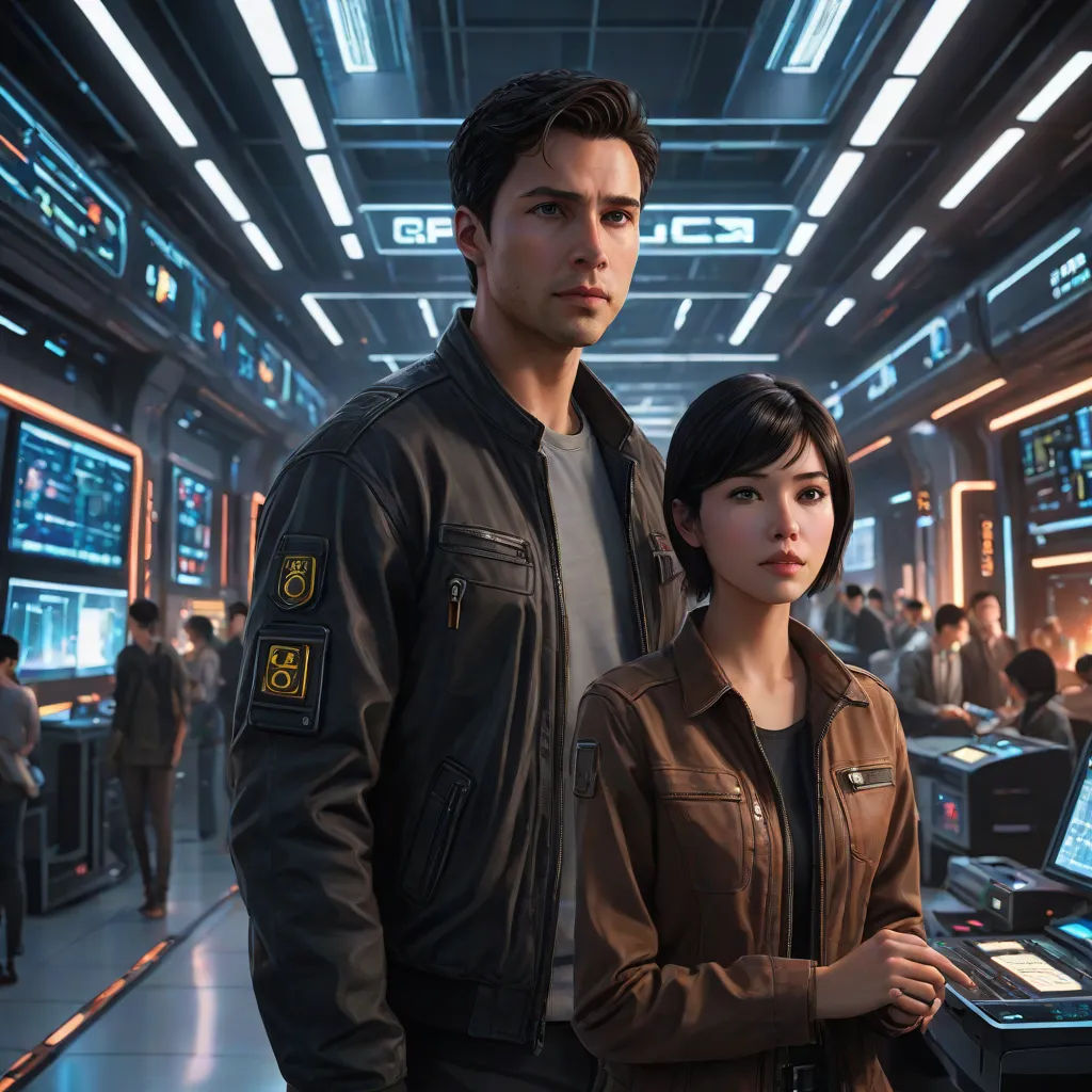 a man and a woman standing in a sci - fi setting with computers on the desks and people in the background, Eve Ryder, sots art, computer graphics, key art