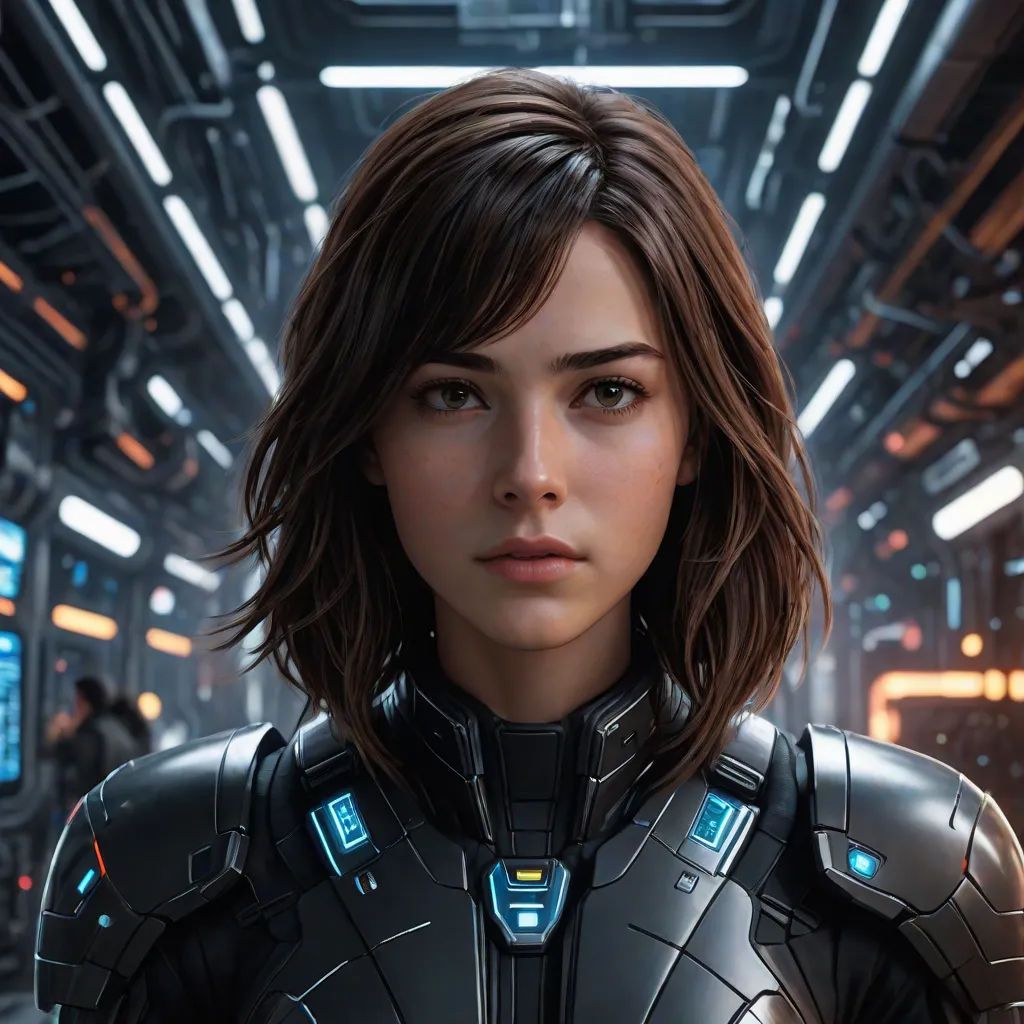 a woman in a futuristic suit standing in a room with lights on the ceiling and a sci - fi fi character, Cedric Peyravernay, photorealism, computer graphics, unreal 5