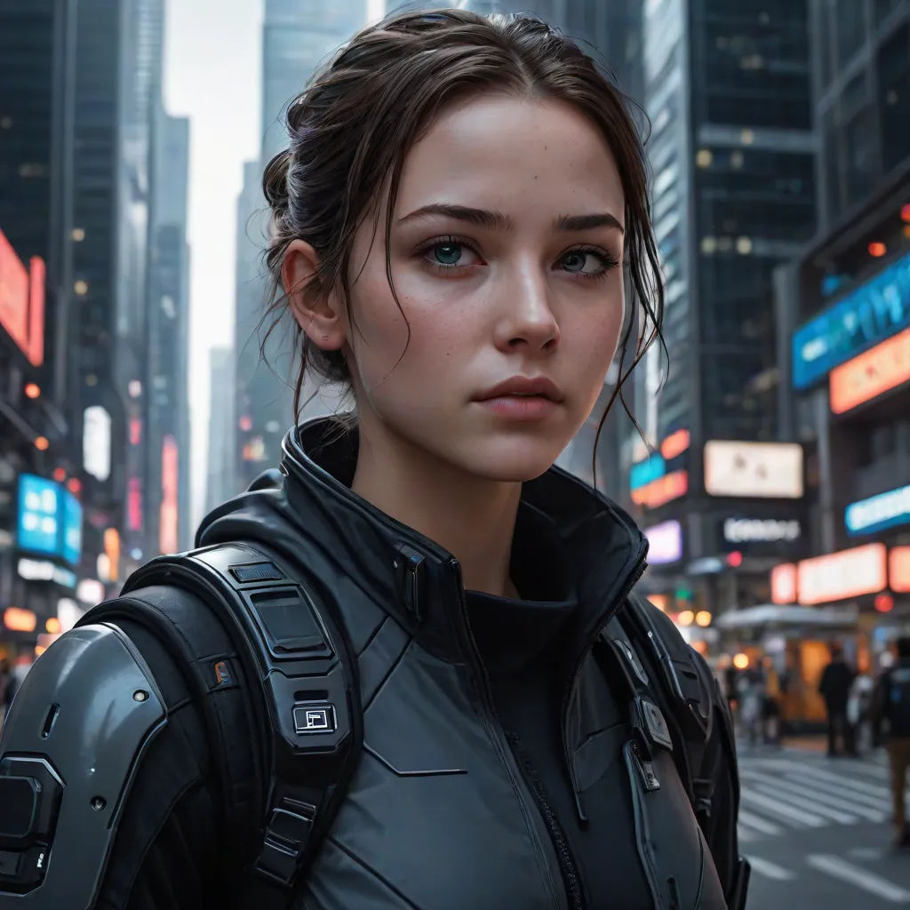 a woman in a futuristic city with a gun in her hand and a gun in her other hand, looking at the camera, Clint Cearley, photorealism, cyberpunk art, stanley artgerm lau