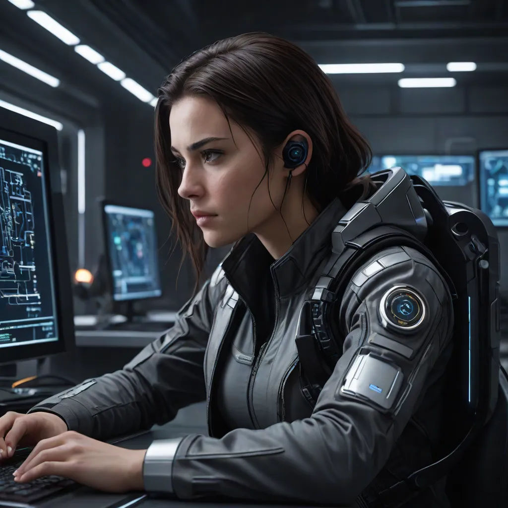 a woman in a futuristic suit is using a computer and looking at the screen with earphones on her head, Eve Ryder, computer art, computer graphics, promotional image