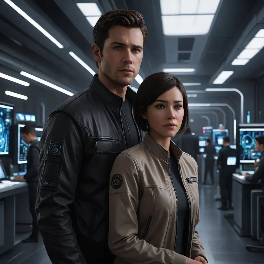 a man and a woman standing in a sci - fi fi fi room with computers on the walls and people in the background, Eve Ryder, space art, poster art, promotional image