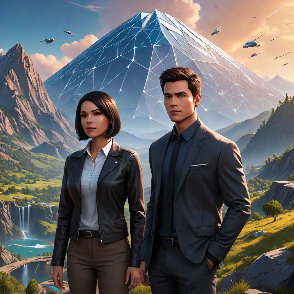 a man and a woman standing in front of a mountain with a pyramid in the background and a waterfall in the background, Cedric Seaut (Keos Masons), sots art, computer graphics, key art