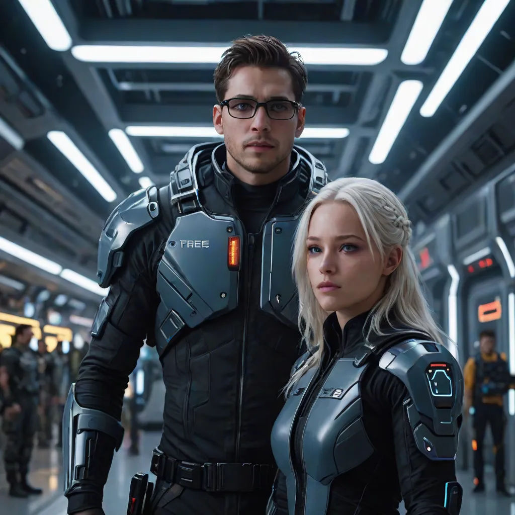 a man and a woman in futuristic garb standing in a hallway with people in the background and a man in a black suit, Avgust Černigoj, antipodeans, computer graphics, promotional image