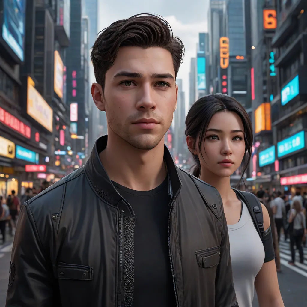 a man and a woman standing in a city street with a cityscape in the background and a man in a leather jacket, David Park, photorealism, a hyperrealistic painting, rossdraws global illumination