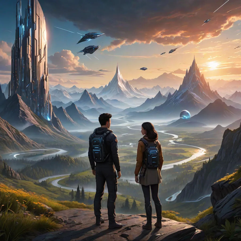 a couple looking at a futuristic landscape with a spaceship in the sky and a distant mountain range in the distance, Chris LaBrooy, fantasy art, a detailed matte painting, sci fi fantasy