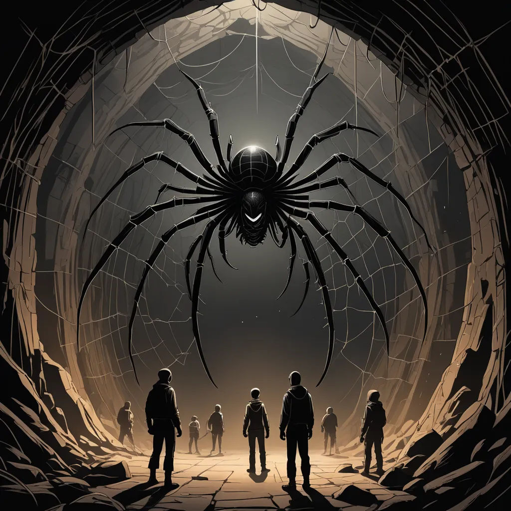 a group of people standing in a tunnel with a spider crawling in it's center and a light shining on the ground, sots art, an illustration of, Dan Mumford, comic cover art
