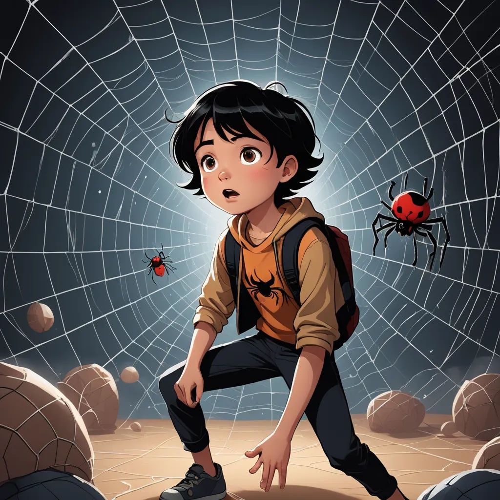 a boy in a spider web with a red spider crawling on him and a red spider crawling on him, serial art, a storybook illustration, Diego Gisbert Llorens, comic cover art