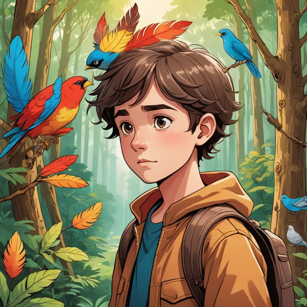 a boy with a backpack and birds on his head in the woods with trees and leaves on his head, process art, a character portrait, Adam Rex, comic cover art