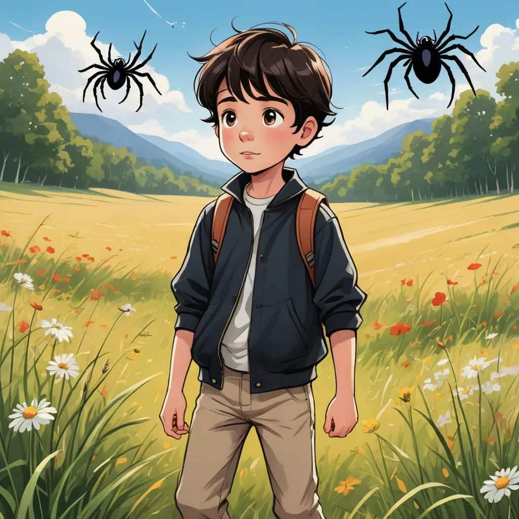 a boy standing in a field with two spider on his head and another spider on his shoulder behind him, serial art, a storybook illustration, Clark Voorhees, comic cover art